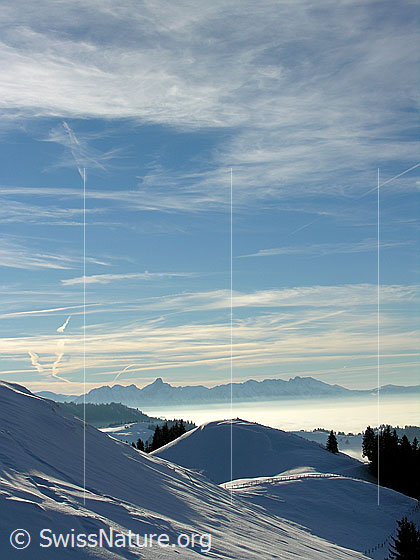 Foto: Im Abstieg vom Wachthubel. Blick über die Emmentaler Hügellandschaft und Nebelmeer Richtung Stockhornkette.