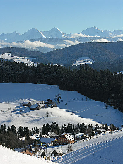 Foto: Streusiedlung in Emmentaler Winterlandschaft, bewaldete Hügelzüge und Eiger, Mönch, Jungfrau.