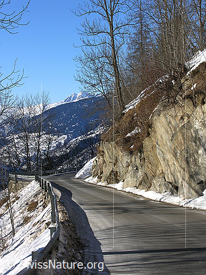Foto: In Fels geschnittene Bergstrasse bei Ausserbinn.