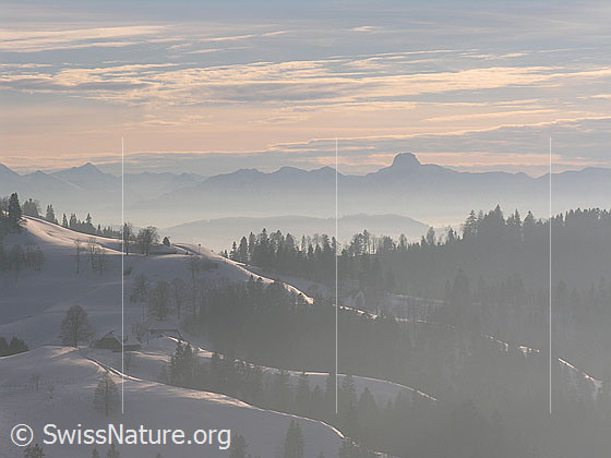 Foto: Abendstimmung über schneebedeckter Hügellandschaft und Voralpen.
Blick vom Vorderarni über schneebedeckte Emmentaler Hügellandschaft zum Stockhorn.