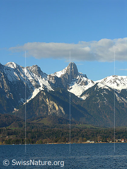 Foto: Blick über den Thunersee zum Stockhorn. Darüber ist eine langezogene Wolke zu sehen. Die Stockhornkette ist noch teilweise schneebedeckt.