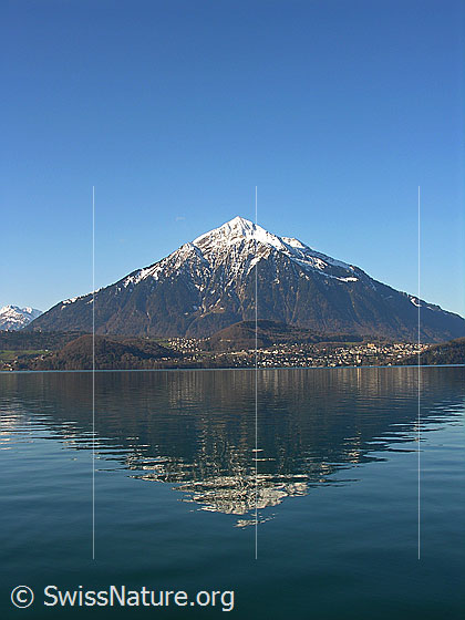 Foto: Blick über den Thunersee zum Niesen, welcher in der Gipfelregion noch schneebedeckt ist. Im See ist die Spiegelung des Niesens zu sehen.