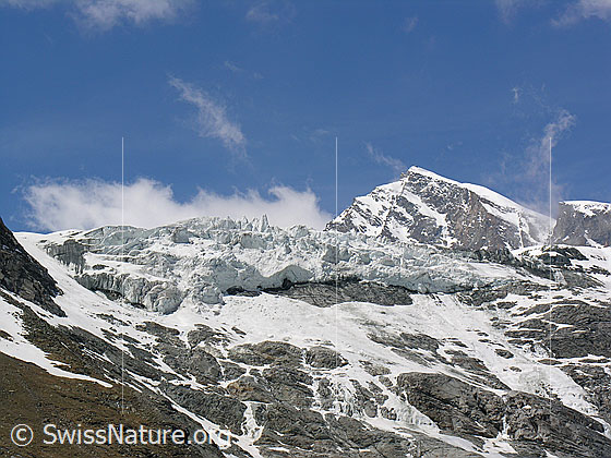 Foto: Blick vom Staudamm Mattmark zum Abbruch des Allalingletschers und zum Allalinhorn. Rechts vom Gipfel der Hohlaubgrat.