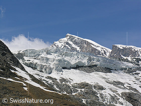 Foto: Blick vom Staudamm Mattmark zum Abbruch des Allalingletschers und zum Allalinhorn. Rechts vom Gipfel der Hohlaubgrat.