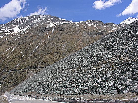 Foto: Blick auf die Talseite des Staudamms des Stausees Mattmark. Links die Zufahrtsstrasse.
