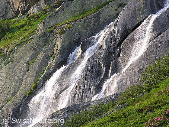 Foto: Wasserfall, welcher im Abendlicht über Grimselgranit in die Tiefe stürzt.