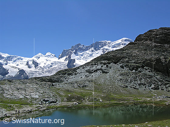 Foto: Am Riffelsee mit Blick zu Castor, Polux, Breithorn und Riffelhorn.