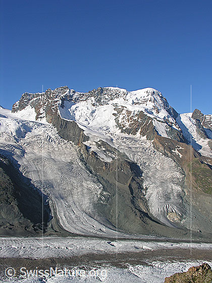 Foto: Breithorn und Klein Matterhorn, Einmündung des Schwärzegletschers in den Gornergletscher und Breithorngletscher mit schöner Gletscherzunge.