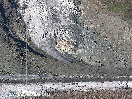Foto: Gornergletscher und Gletscherzunge des Breihorngletschers.