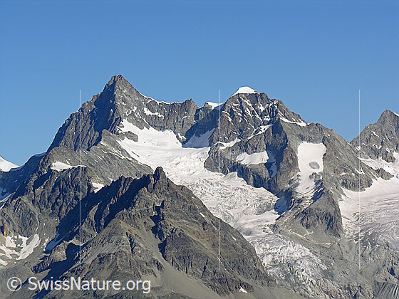 Foto: Ober Gabelhorn, Gabelhorngletscher, Wellenkuppe und vorgelagert das Unter Gabelhorn.