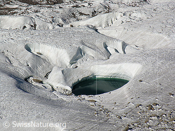 Foto: Supraglazialer See auf dem Gornergletscher. Vom See führt ein toll geformter proglazialer Schmelzwasserkanal weg.