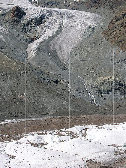 Foto: Gornergletscher und Unterer Theodulgletscher mit Moränen und geschwungener Gletscherzunge.