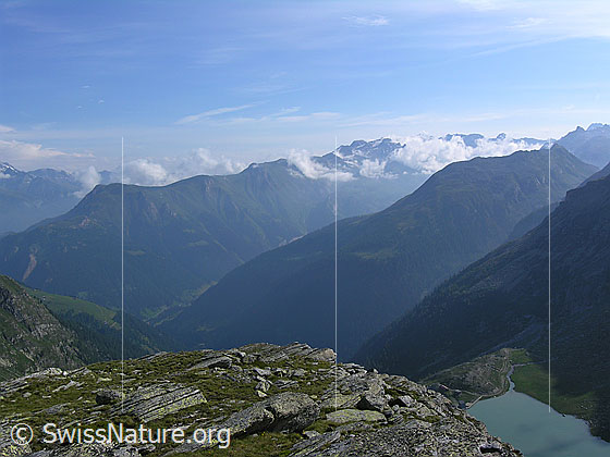 Foto: Blick vom Blattjegrat über das Binntal. Zu sehen sind Eggerhorn, Schweifegrat, Stockhorn und der Stausee Chummibort.