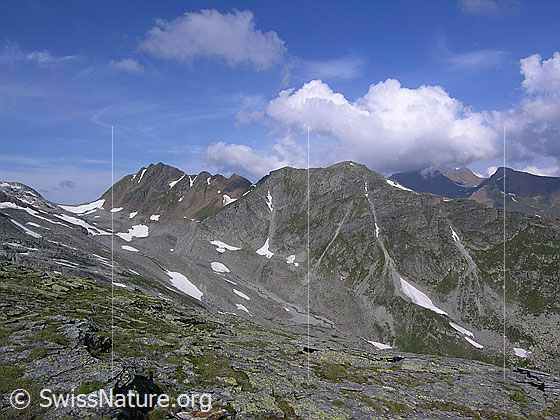 Foto: Blick vom Blattjegrat zum Steinejoch, Rothorn, Gibelhorn und ins Mättital.