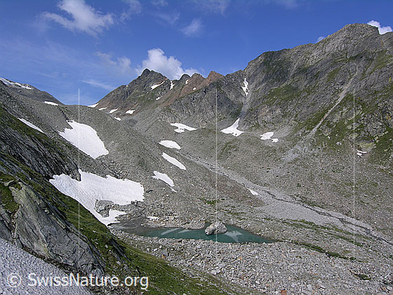 Foto: Unterhalb Blattjegrat. Blick ins Mättital mit Mättitalsee, Moräne, Geröll, und kleinen Schneefeldern. Im Hintergrund sind Rothorn und Gibelhorn zu sehen. Der grosse Felsblock im Mättitalsee glitt im Winter 2005/2006 über den Schnee direkt in den See.