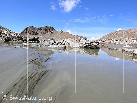 Foto: Schwemmebene mit feinem Relief in Schlick. Felsblöcke spiegeln sich im Wasser.