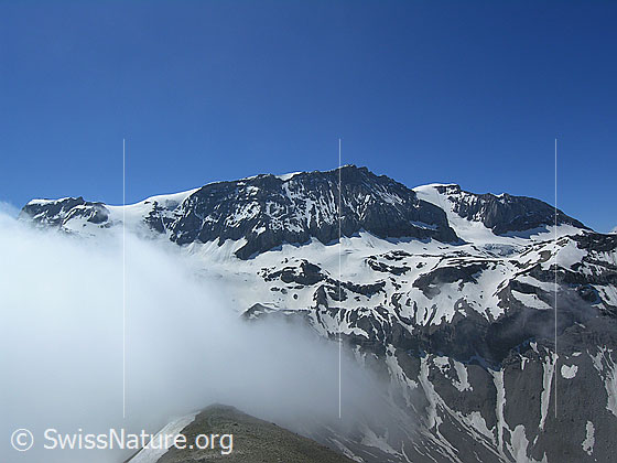 Foto: Blick zum Wildstrubel (Grossstrubel, Mittelgipfel, Westgipfel und Ammertengletscher). Nebelschwaden ziehen über den Ammertenpass.