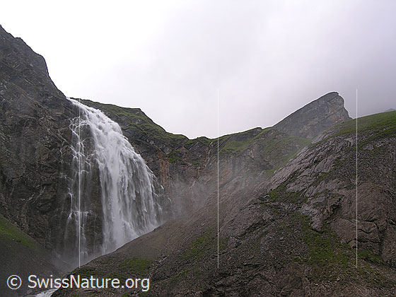 Foto: Grosser Wasserfall der Engstligenfälle. Das Wasser stürzt tosend über eine hohe Felswand in eine Schlucht.