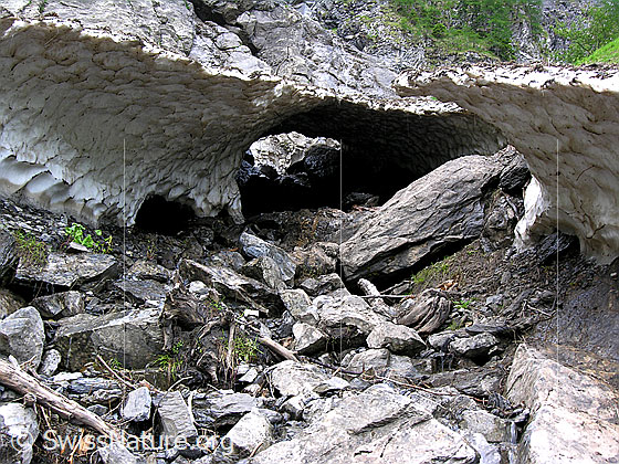 Foto: Schwindende Schneebrücke über ausgetrocknetem Bachbett.