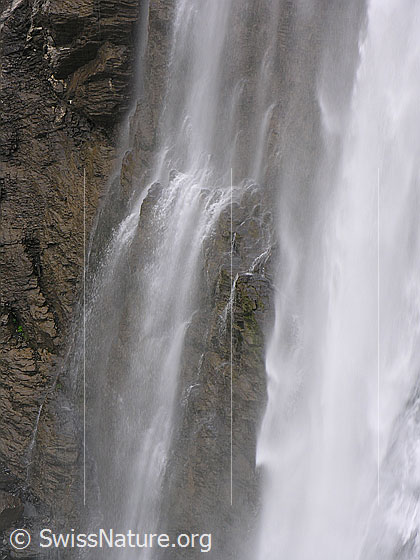 Foto: Grosser Wasserfall der Engstligenfälle. Das Wasser stürzt tosend über eine hohe Felswand (Ausschnitt).