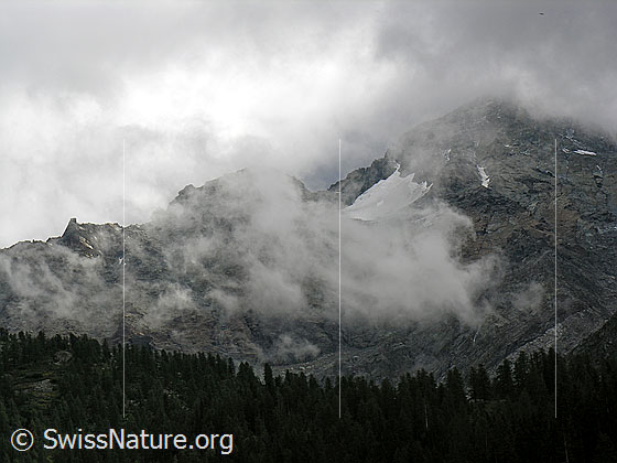 Foto: Schwarzhorn bei Schlechtwetter. Mit Wolkenfetzen/Nebelfetzen in der Nordflanke des Schwarzhorns.