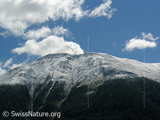 Foto: Die Schneefallgrenze bildet am Breithorn eine deutliche Linie. Der Gipfelbereich und die Rinnen und Gräben sind mit einer dünnen Neuschneeschicht bedeckt.