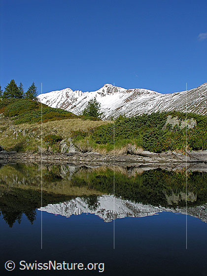 Foto: Spiegelung des Bättlihorns (Saflischtal) in kleinem, spiegelglattem Bergsee.