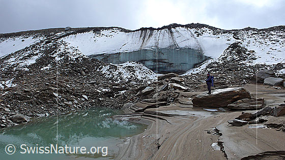 Foto: Eisrand an einem Gletschersee und Person auf Felsblock. Mit Geröll bedecktes Eis und angeschwemmter Sand bilden das Ufer des Gletschersees. Der Wasserspiegel hatte sich innerhalb weniger Wochen um mehrere Meter gesenkt. Die Sandbänke weisen dadurch interessante Strukturen auf. Erosion verändert die Landschaft in dieser Permafrostzone.