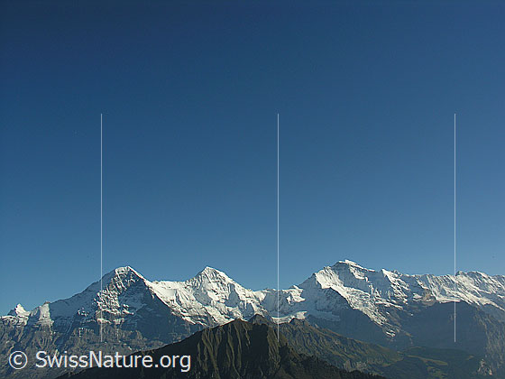 Foto: Eiger, Mönch und Jungfrau (Dreigestirn) mit dem Männlichen im Vordergrund.