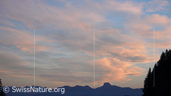 Foto: Abendstimmung über der Stockhornkette mit rötlich gefärbten Wolken.