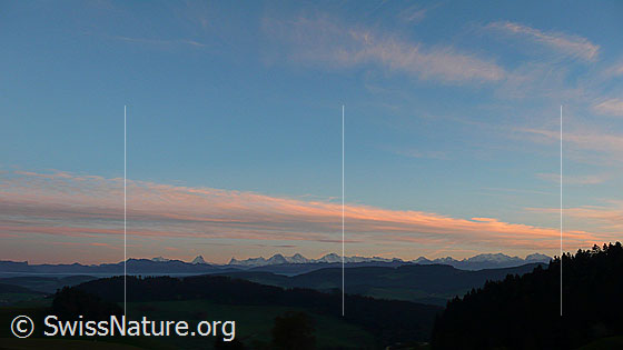 Foto: Berner Alpen und Emmentaler Hügellandschaft bei Oberthal mit dünner Wolkenschicht im Abendrot.