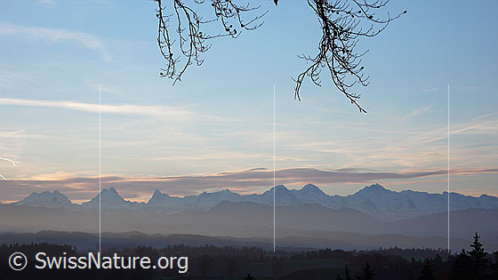 Foto: Herbstliche Morgenstimmung mit Berner Alpen von der Lueg. Durch einen Nebelschleier sind die Emmentaler Hügelzüge erkennbar. Über den Alpen liegt ein Wolkenfeld.