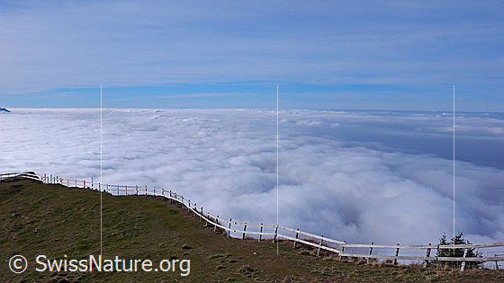 Foto: Blick von Rigi Kulm über das kompakte Nebelmeer über der Zentralschweiz und dem Mittelland. Im Vordergrund ist ein hölzerner Weidezaun zu sehen.