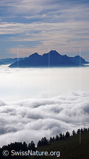 Foto: Blick von Rigi Staffelhöhe auf ein Nebelmeer über der Zentralschweiz zum Felsmassiv des Pilatus.