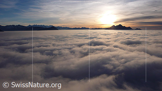 Foto: Weites Nebelmeer und Abendstimmung über dem Pilatus. Im Horizont sind die Berner Alpen und davor das Stanserhorn erkennbar.
