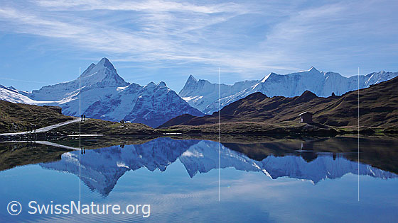 Foto: Spiegelung der Berner Alpen mit Lauteraarhorn, Schreckhorn, Kleines Schreckhorn, Finsteraarhorn, Ochs und Fiescherhörner im Bachalpsee.