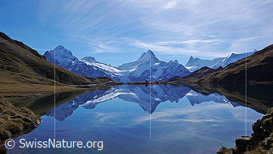 Foto: Spiegelung der Berner Alpen mit Wetterhorn, Bärglistock, Lauteraarhorn, Schreckhorn, Kleines Schreckhorn, Finsteraarhorn, Ochs und Fiescherhörner im Bachalpsee.