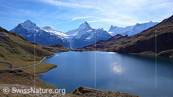 Foto: Blick auf den Bachalpsee zu den Berner Alpen mit Wetterhorn, Bärglistock, Lauteraarhorn, Schreckhorn, Kleines Schreckhorn, Finsteraarhorn, Ochs und Fiescherhörner. Dem Ufer entlang führt ein Wanderweg.