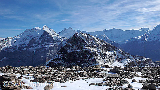 Foto: Blick vom Gipfel des Wildgärst zum Schwarzhorn und zu den Berner Alpen mit Rosenhorn, Mittelhorn, Wetterhorn, Lauteraarhorn, Schreckhorn, Finsteraarhorn, Agassizhorn, Ochs, Fiescherhörner, Walcherhorn, Trugberg.