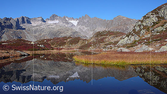 Foto: Klare Spiegelung der Fünffingerstöck und der Herbstfarben am Ufer des spiegelglatten Sees.