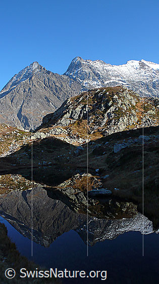 Foto: Spiegelbild von Sustenspitz, Klein Sustenhorn und Sustenhorn in ruhigem Bergsee.