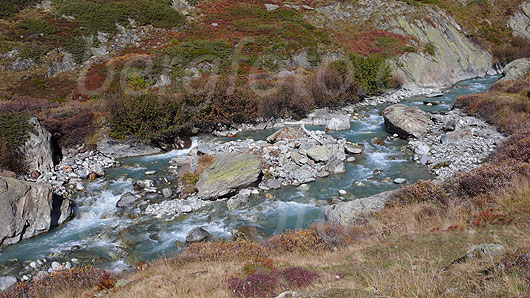 Foto: Lonza mit Felsblöcken und Geröll umgeben von Hochmoorlandschaft in Herbstfarben.