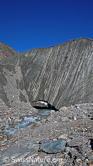 Foto: Gletschertor des Langgletschers und Ursprung der Lonza. Der Gletscherbach fliesst aus dem breiten Tor der steil abfallenden Eiswand.
