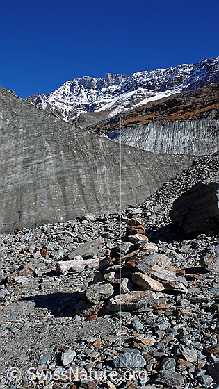 Foto: Bergwelt mit Eiswänden und Steinmann am Langgletscher. Über dem Gletscher sind die Grasbänder herbstlich gefärbt. Im Hintergrund ist das Schinhorn zu sehen.