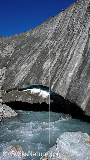 Foto: Es enstpringt die Lonza. Aus dem breiten Gletschertor des Langgletschers fliesst Gletschermilch. Über die Eiswand rinnt Schmelzwasser in zahlreichen Tropfen in den Gletscherbach.