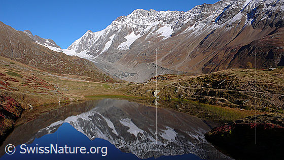 Foto: Spiegelung im Guggisee.
Gipfel und Übergänge: Lötschenlücke - Sattelhorn - Schinhorn.
Gletscher: Langgletscher