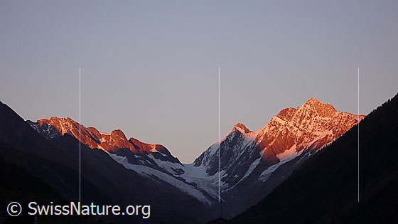 Foto: Abendstimmung über dem Lötschental.
Gipfel & Übergänge:  Anungrat - Lötschenlücke - Sattelhorn - Schinhorn
Gletscher: Anungletscher - Langgletscher