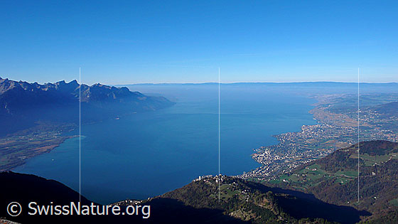 Foto: Tiefblick vom Rochers de Naye auf den Genfersee, Montreux und Vevey.