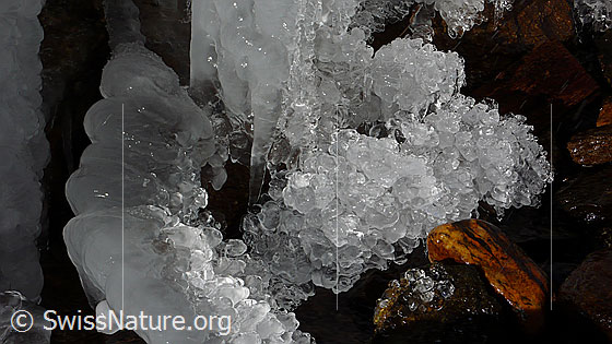 Foto: Natürliches Kunstwerk aus Eis. Zahlreiche Wassertropfen haben diese klaren, glänzenden Eisstufen entstehen lassen.