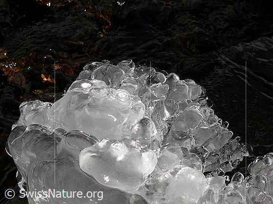 Foto: Natürliches Kunstwerk aus Eis am Ufer eines Bergbaches.